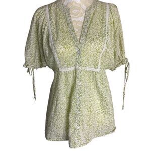 Ann Taylor Loft Floral Blouse Top Peasant Puff Sleeve Green S